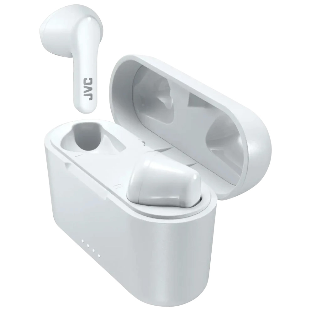 JVC wireless earbuds in a white charging case, featuring a compact design with LED indicators on the front. The earbuds have a stem design with the JVC logo printed on them.