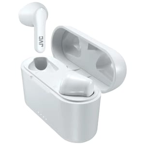 JVC wireless earbuds in a white charging case, featuring a compact design with LED indicators on the front. The earbuds have a stem design with the JVC logo printed on them.