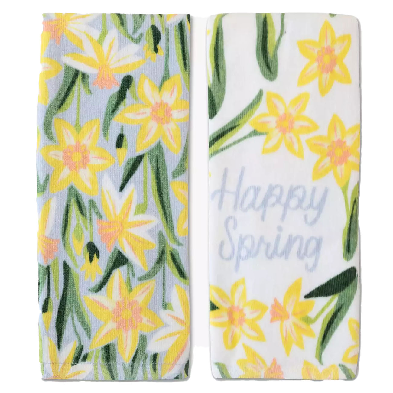 Two kitchen towels feature a yellow daffodil print. One towel shows an all-over floral pattern, while the other has the words \“Happy Spring\“ alongside the flowers.