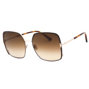 Tom Ford Women's Sunglasses with oversized square frames, gradient brown lenses, and thin gold metal arms with tortoiseshell accents, offering a stylish and elegant look.