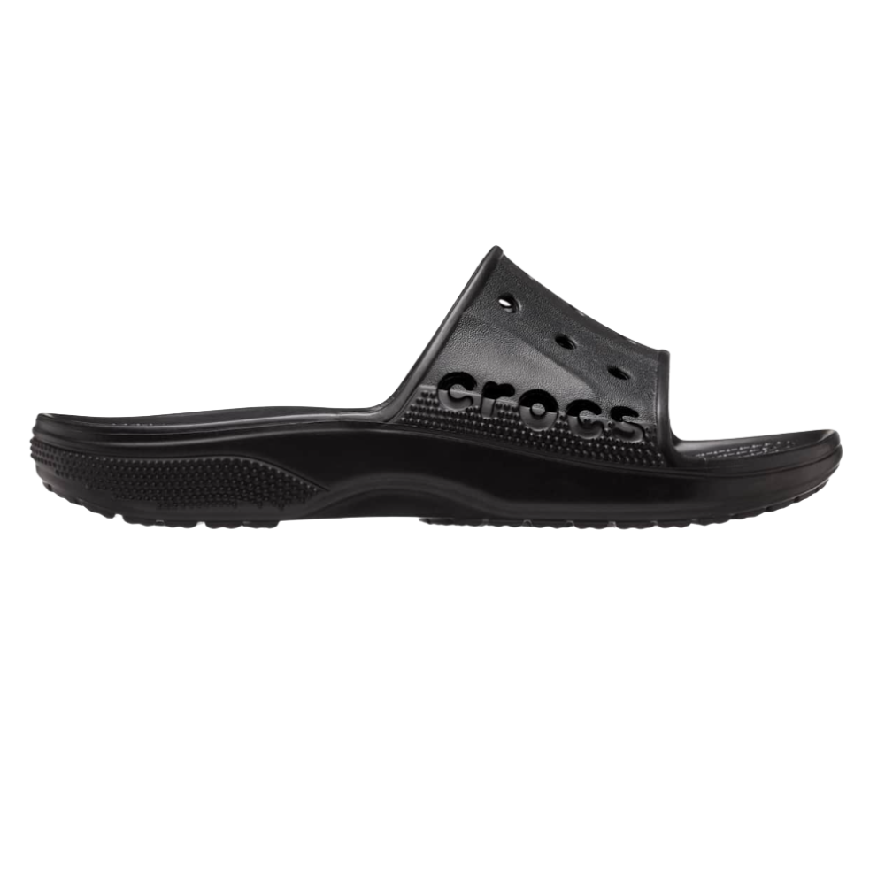 A black Crocs slide sandal with textured sole, featuring holes and the brand name on the strap.
