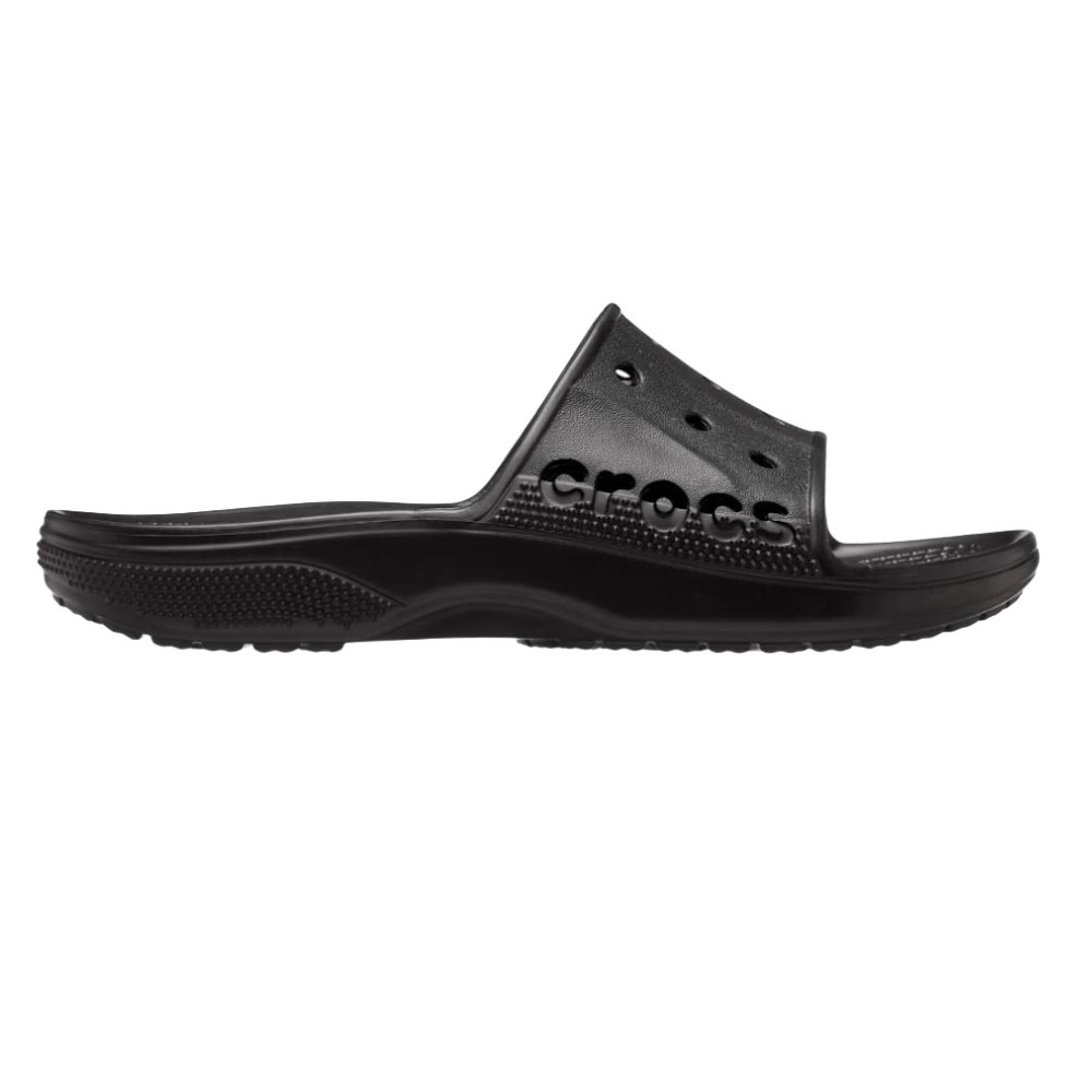 A black Crocs slide sandal with textured sole, featuring holes and the brand name on the strap.