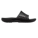 A black Crocs slide sandal with textured sole, featuring holes and the brand name on the strap.