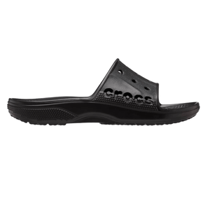 A black Crocs slide sandal with textured sole, featuring holes and the brand name on the strap.
