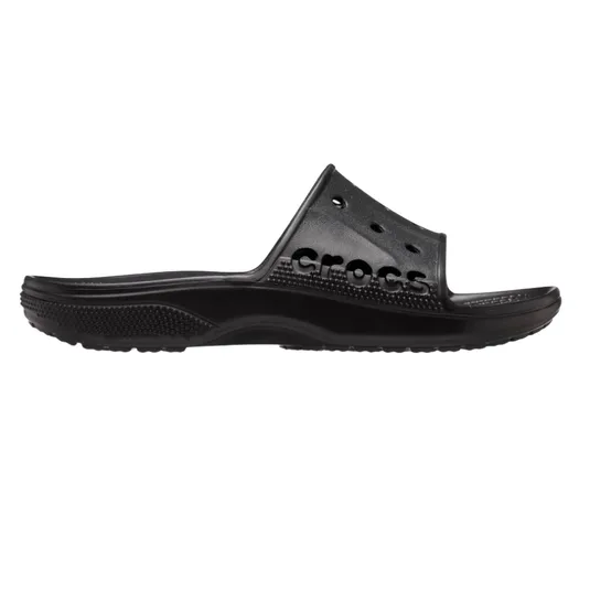 A black Crocs slide sandal with textured sole, featuring holes and the brand name on the strap.