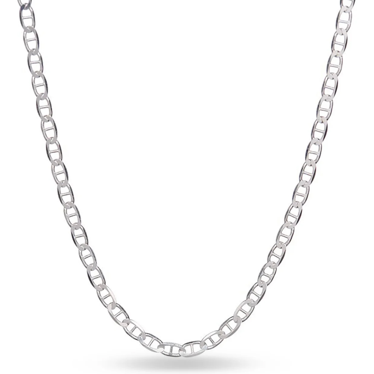 A 16-inch solid sterling silver chain with interlocking oval links, featuring a sleek and polished finish, ideal for a minimalist and elegant look.