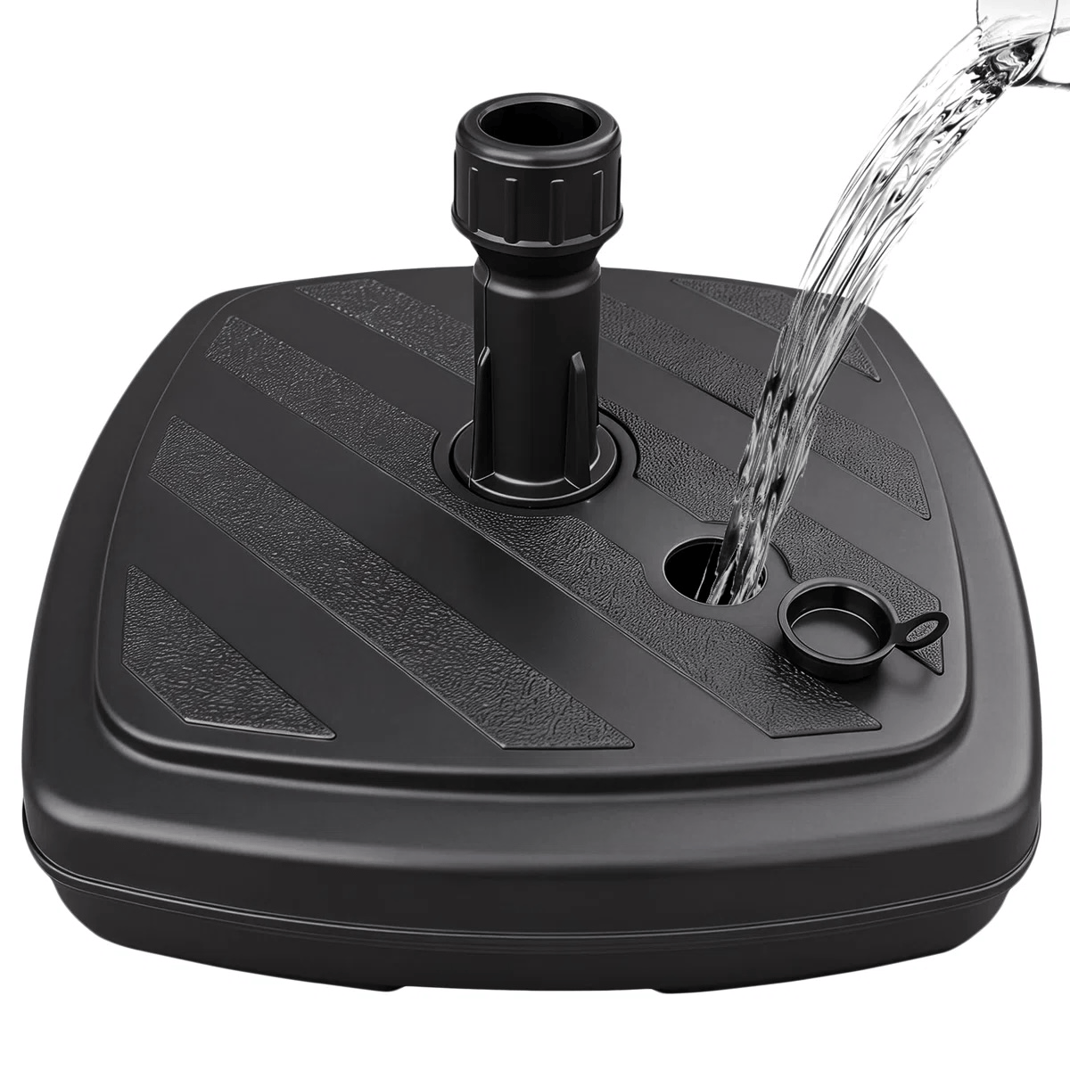 Black water-filled base for umbrella stabilization, featuring a spout for easy filling. Ideal for securing outdoor umbrellas.