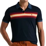A navy polo shirt with multicolored horizontal stripes across the chest and a small penguin logo on the left. The sleeves are tipped with a darker blue, and it's paired with brown trousers.