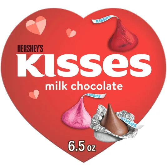 Hershey's Kisses milk chocolate in a heart-shaped package features red, pink, and foil-wrapped chocolates, weighing 6.5 oz.