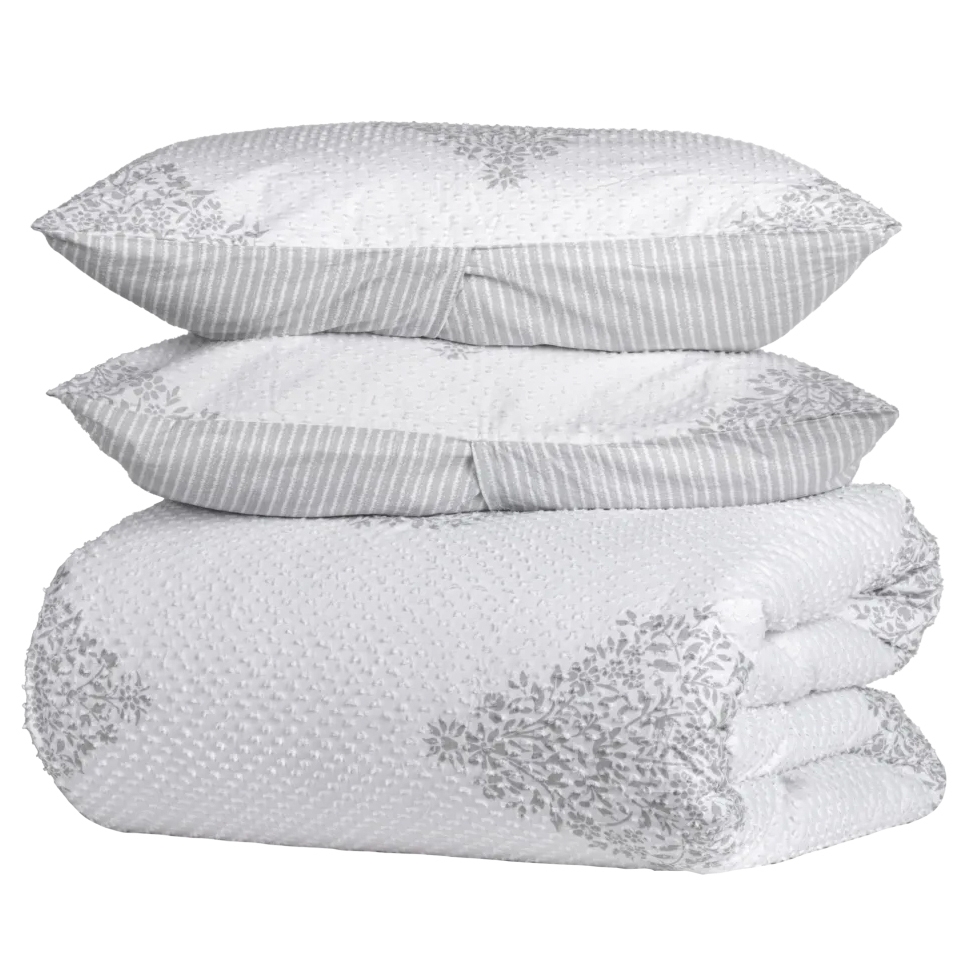 A 3-piece queen comforter set with a white and gray floral pattern, including a textured comforter and two matching pillow shams featuring subtle stripes and floral designs.