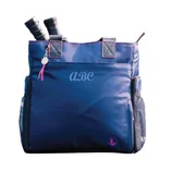 Navy blue tote bag designed for carrying tennis rackets, featuring two handles, side mesh pockets, a decorative tag, and \“ABC\“ printed on the front.