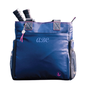 Navy blue tote bag designed for carrying tennis rackets, featuring two handles, side mesh pockets, a decorative tag, and \“ABC\“ printed on the front.