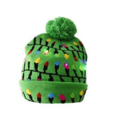 Green knit hat with multicolored Christmas light designs and a pom-pom on top. Lights are embedded along the design, illuminating in various colors for a festive look.
