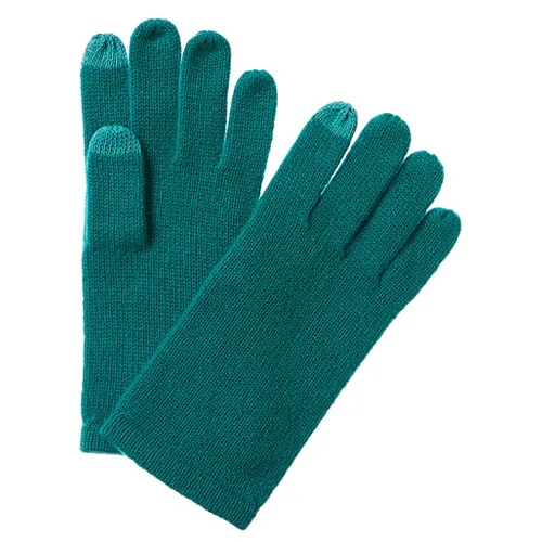 A pair of teal knitted gloves featuring touchscreen-compatible fingertips on the thumb and index finger.