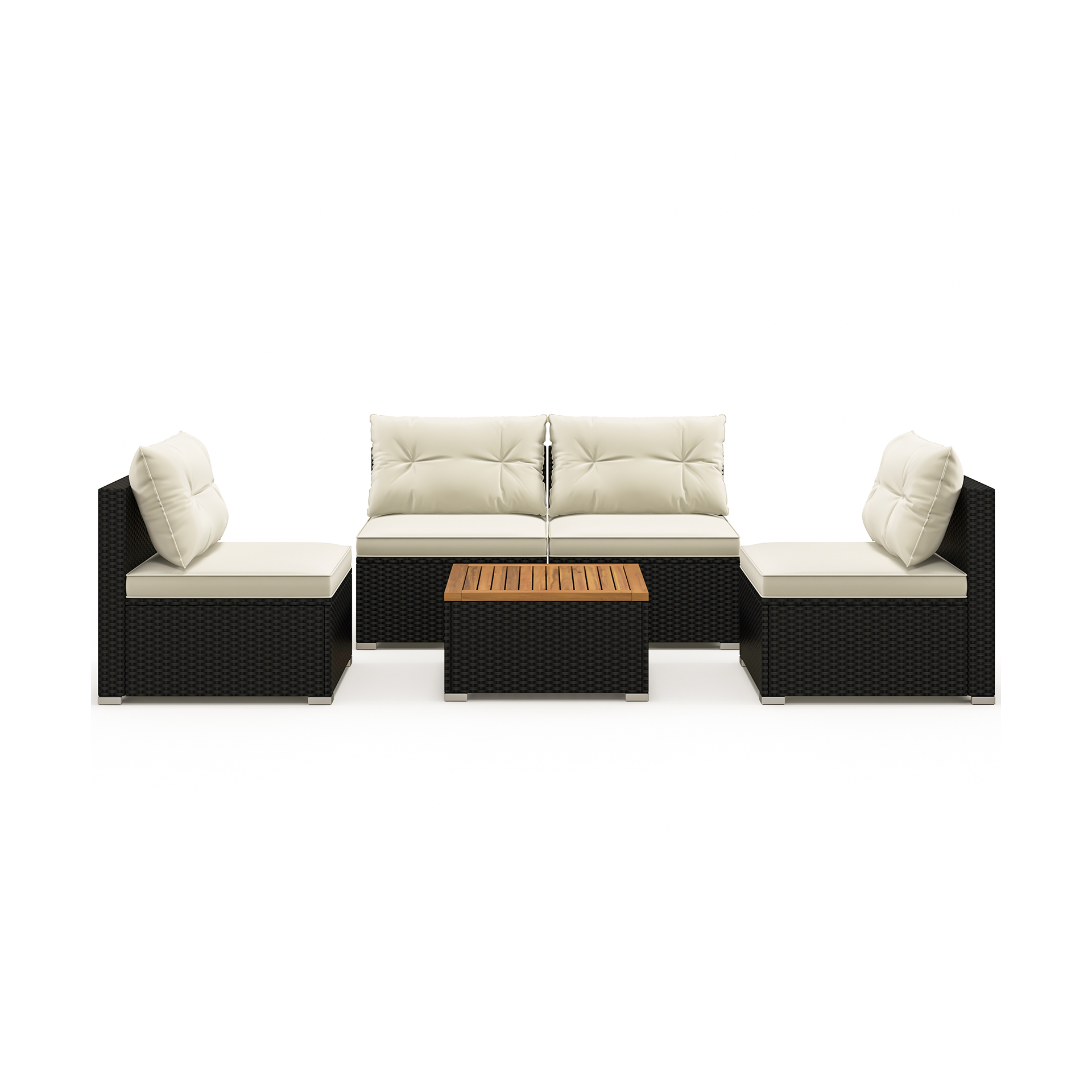 Outdoor patio furniture set with two single chairs, a two-seater sofa, and a square coffee table, featuring dark wicker and light cushions.