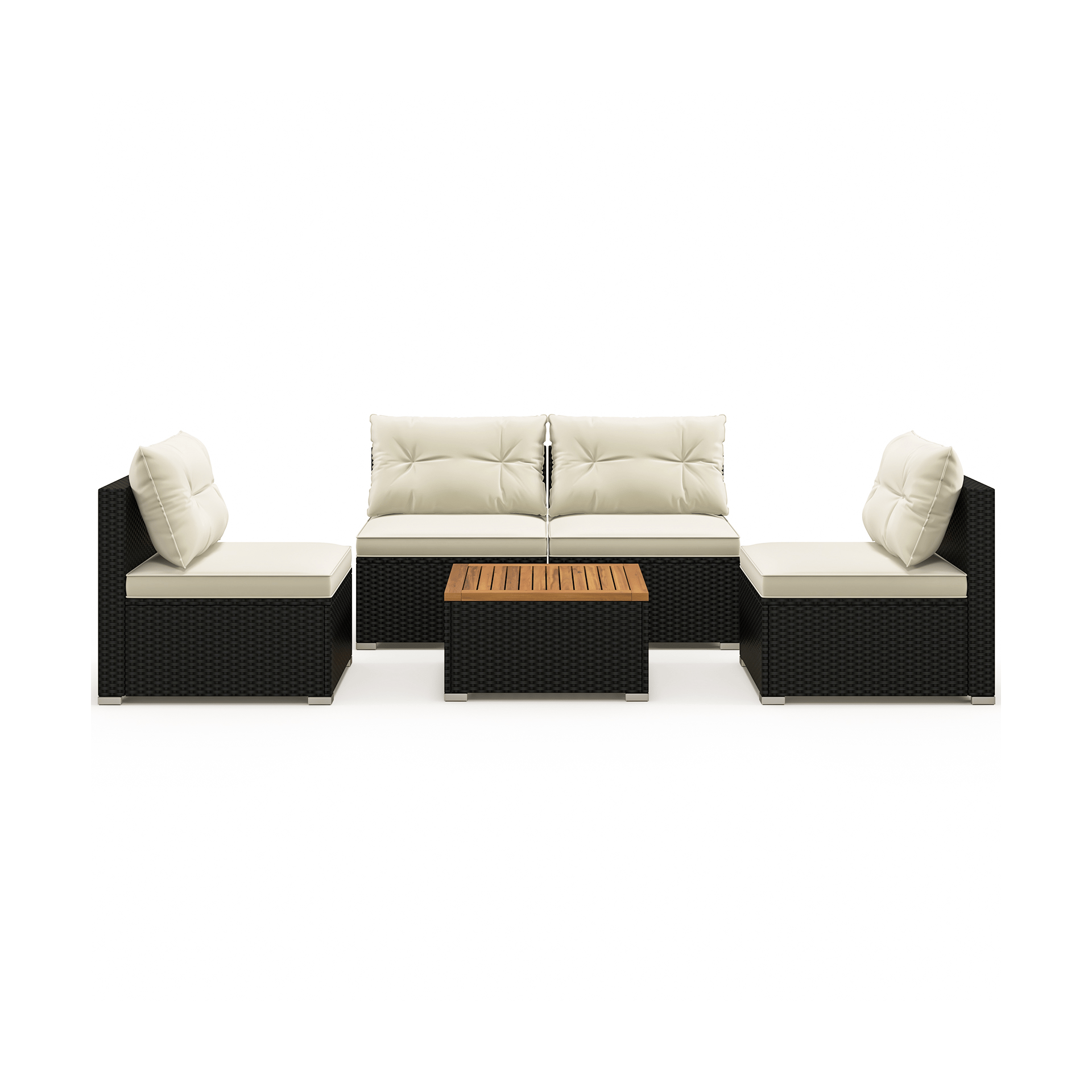 Outdoor patio furniture set with two single chairs, a two-seater sofa, and a square coffee table, featuring dark wicker and light cushions.