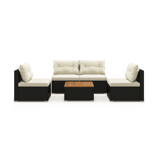 Outdoor patio furniture set with two single chairs, a two-seater sofa, and a square coffee table, featuring dark wicker and light cushions.