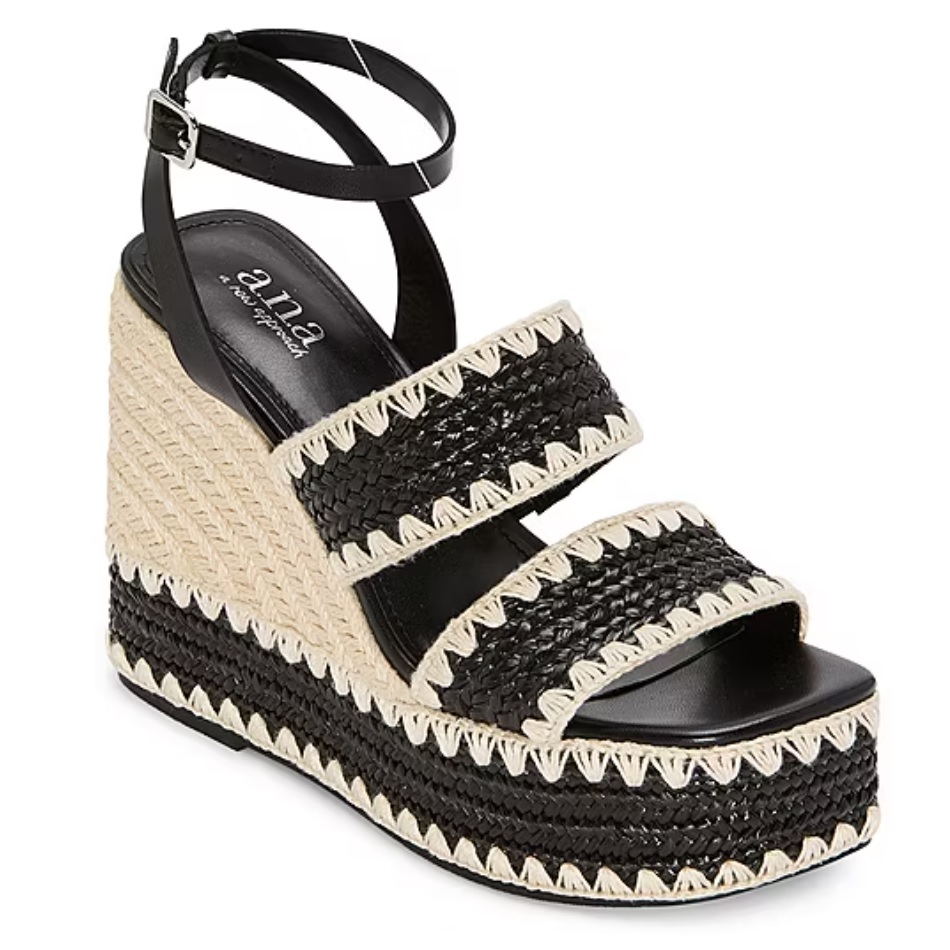 Black and beige woven wedge sandal with ankle strap and buckle closure by A.N.A.