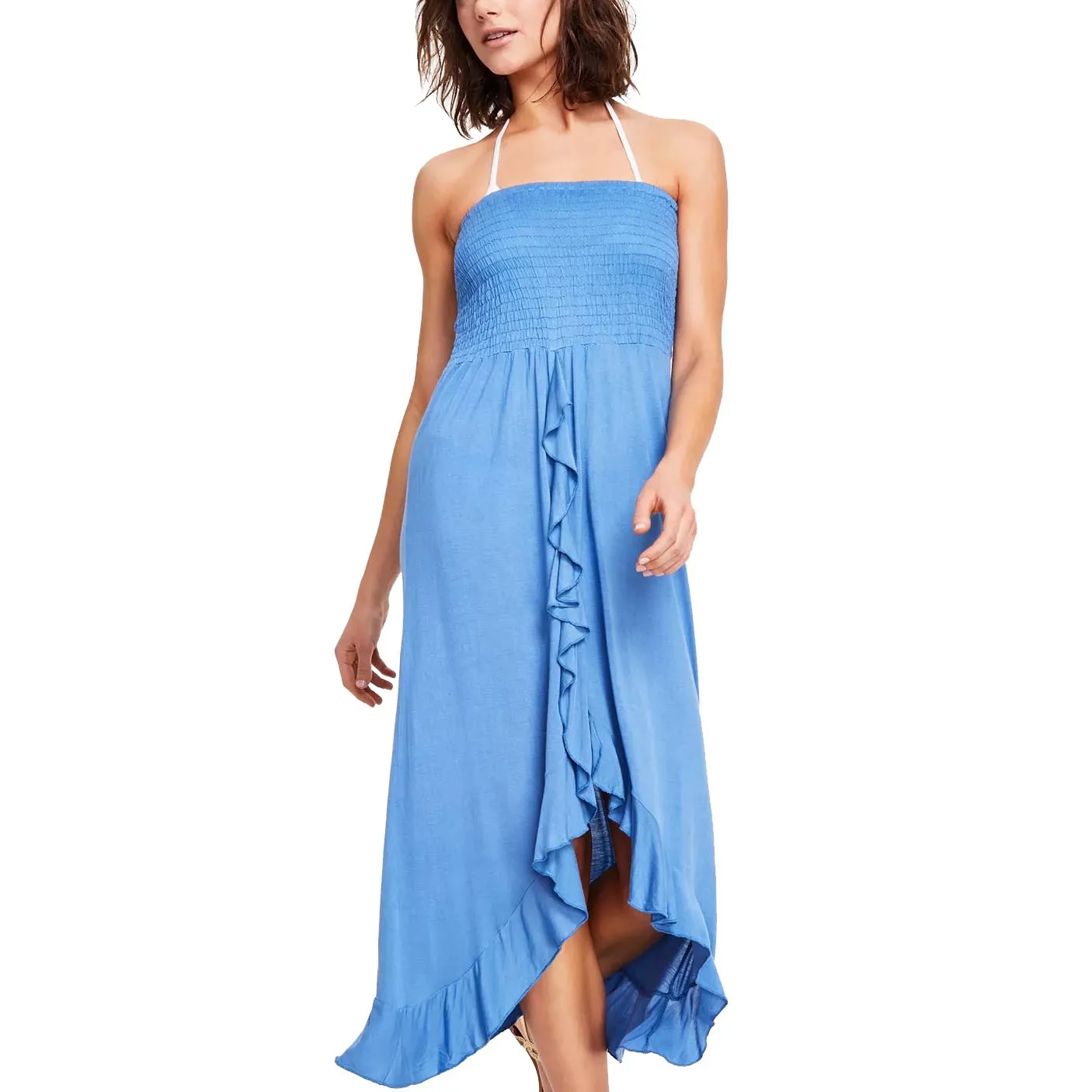 Blue strapless maxi dress with a smocked bodice, halter neck strap, and a ruffled asymmetric hem.