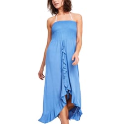Blue strapless maxi dress with a smocked bodice, halter neck strap, and a ruffled asymmetric hem.