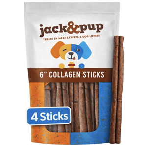 Jack & Pup 6\“ collagen sticks for dogs, featuring four sticks in the package, created by meat experts for dog lovers.