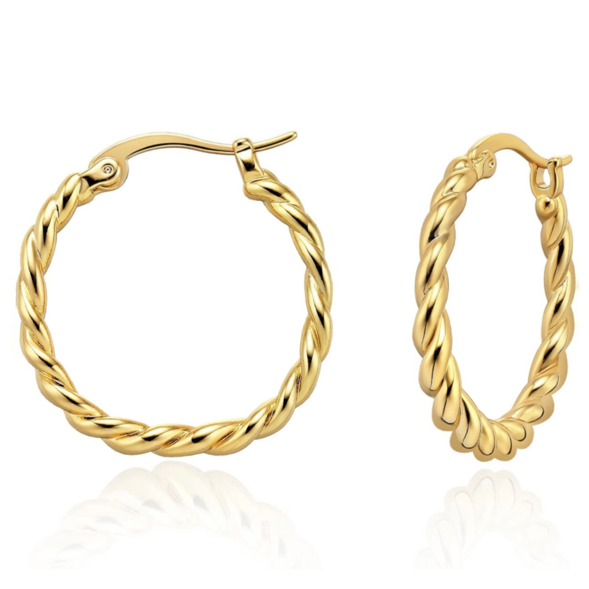 14K gold-plated hoop earrings with a twisted design, featuring a hinged clasp for secure fastening.