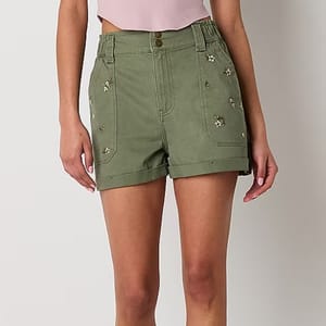 Olive green shorts with decorative flower embroidery and button closure at the waist.