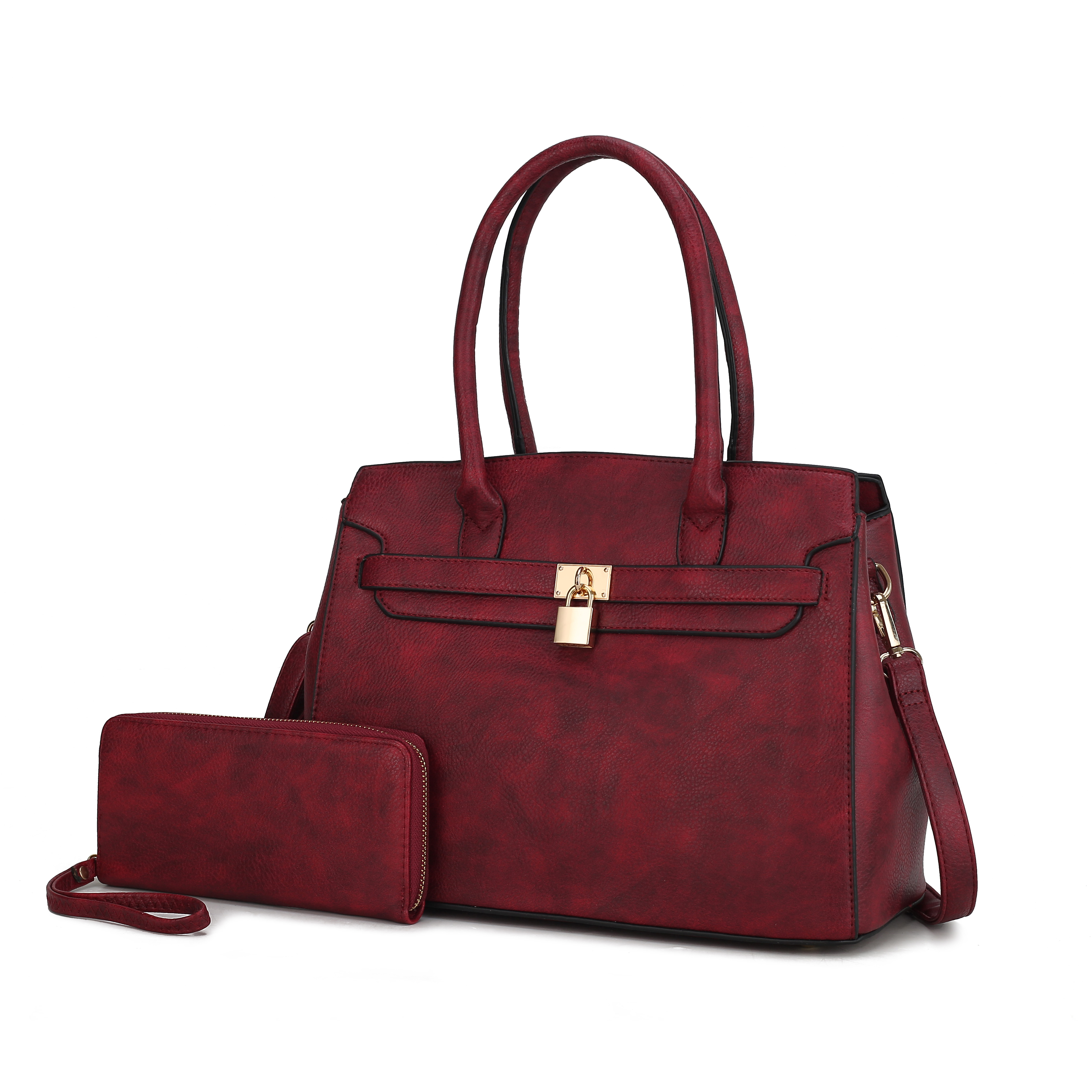 A stylish burgundy MKF shoulder bag with dual top handles, featuring a gold-tone lock accent and a detachable strap, paired with a matching zip-around wallet.