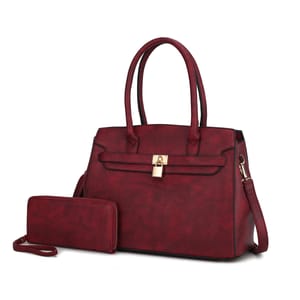 A stylish burgundy MKF shoulder bag with dual top handles, featuring a gold-tone lock accent and a detachable strap, paired with a matching zip-around wallet.