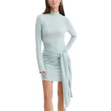 Light blue long-sleeve mini dress with a high neckline and a front knot detail at the waist.
