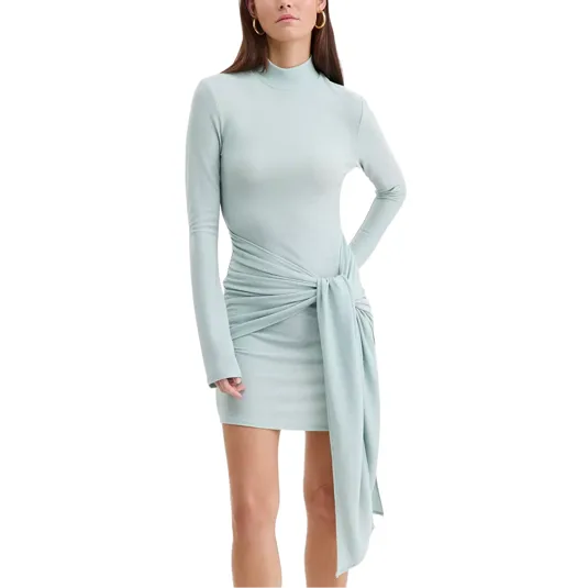 Light blue long-sleeve mini dress with a high neckline and a front knot detail at the waist.