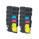 A set of Brother ink cartridges, including multiple units of cyan, magenta, and yellow. The cartridges are designed for specific printers, with visible color labels and black casings.