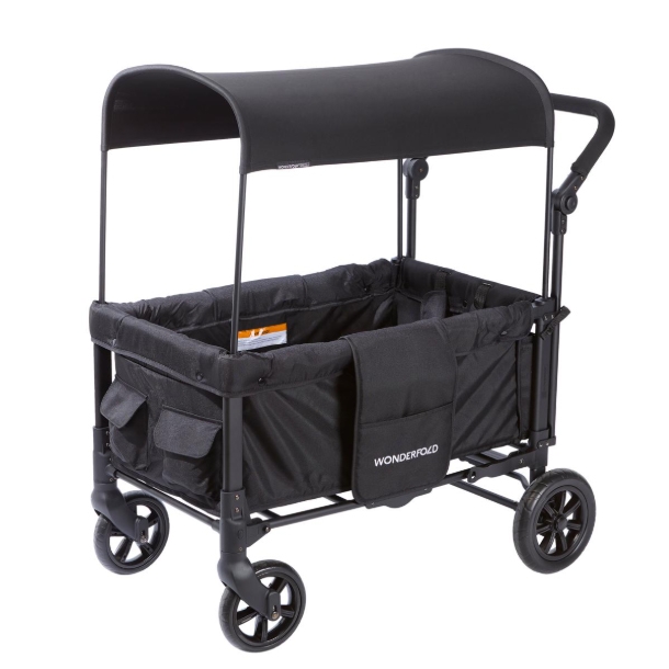 A collapsible wagon with a canopy, designed for transporting items or children, featuring storage pockets and all-terrain wheels.
