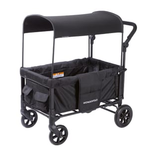 A collapsible wagon with a canopy, designed for transporting items or children, featuring storage pockets and all-terrain wheels.