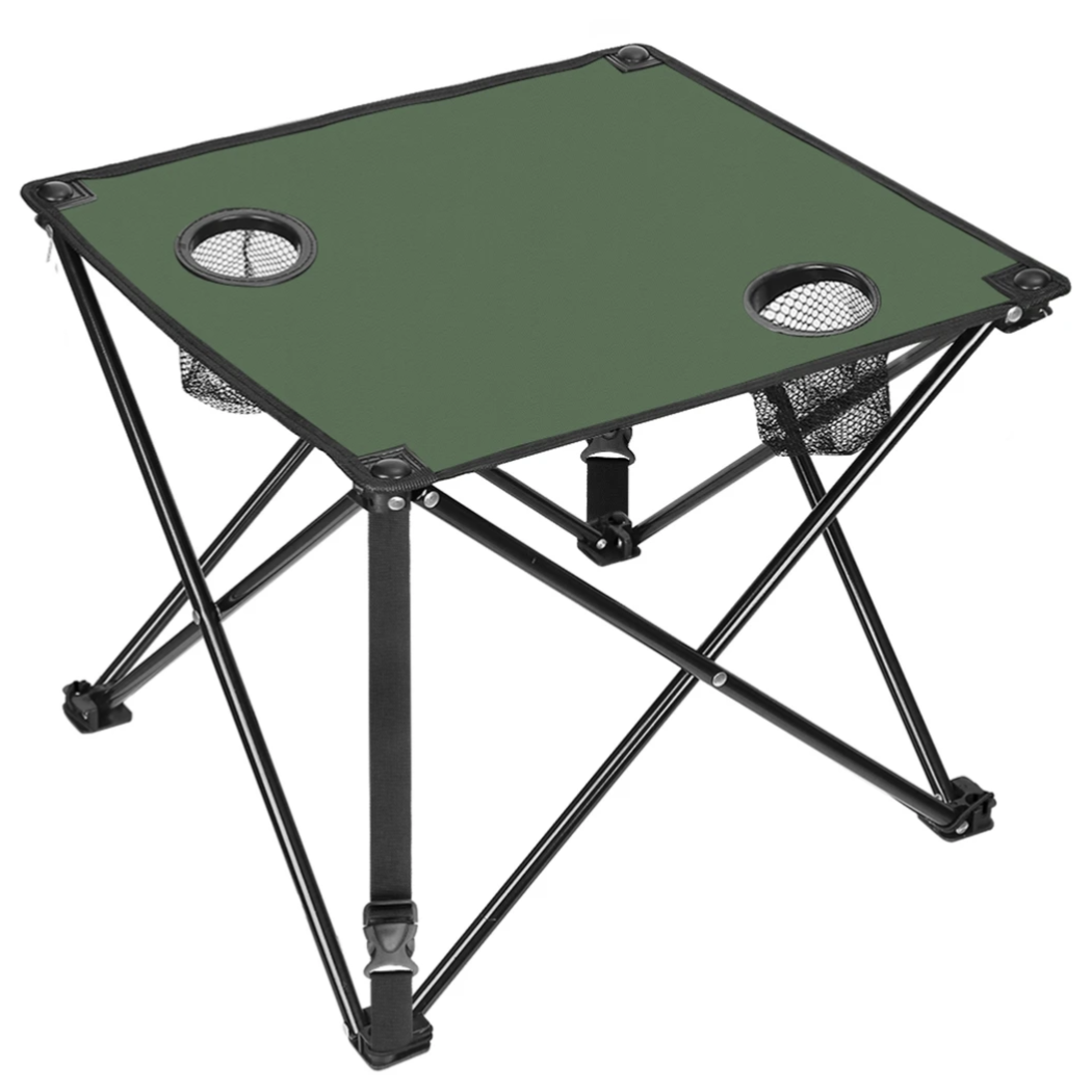 A portable, foldable camping table with a green fabric top and black legs, featuring integrated cup holders. Ideal for outdoor activities like camping or picnics.