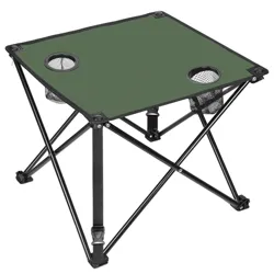 A portable, foldable camping table with a green fabric top and black legs, featuring integrated cup holders. Ideal for outdoor activities like camping or picnics.