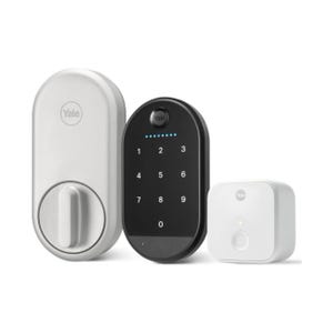 A Yale smart lock system with a touchscreen keypad, door lock mechanism, and a Wi-Fi module.