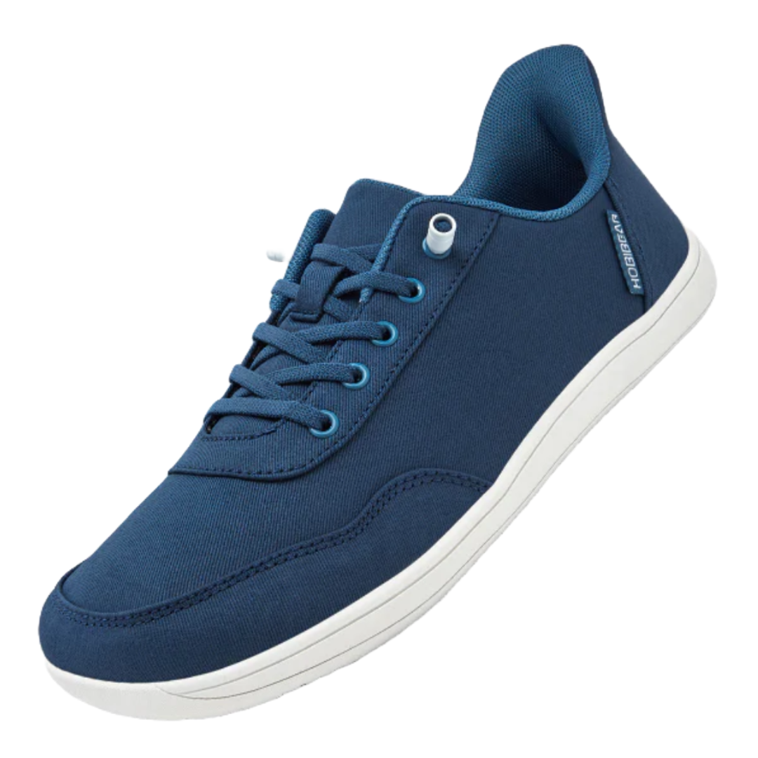Navy blue Hobibear Barefoot Shoes with a minimalist design, featuring a lightweight fabric upper, white rubber sole, and blue laces.