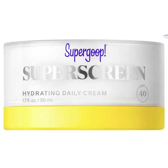 Supergoop! Superscreen Hydrating Daily Cream, SPF 40, 1.7 fl. oz./50 ml, in a yellow-bottom container.