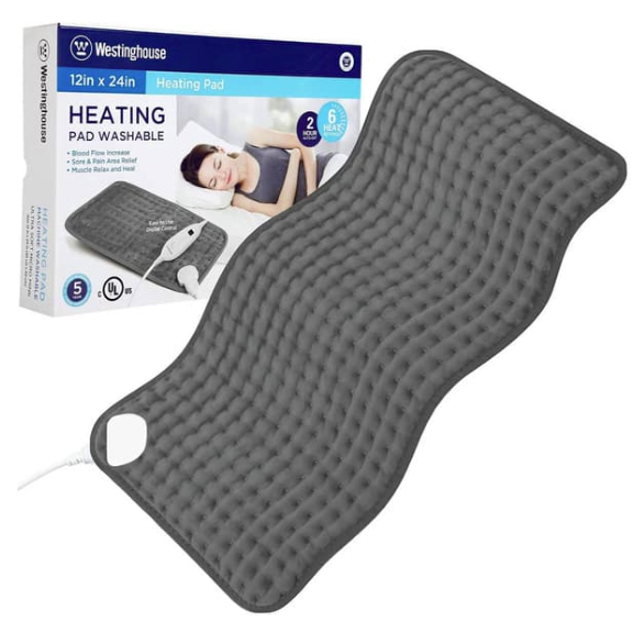 Westinghouse 12x24\“ Heating Pad is washable, offers six heat settings, and two modes. It's designed to improve blood flow, soothe pain, and relax muscles, featuring a soft, flexible fabric and an easy-to-use control panel.