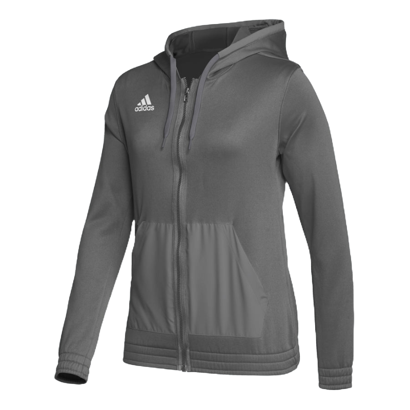 Gray Adidas women's hoodie with full zip, fitted cuffs, and the brand's logo on the upper left chest.