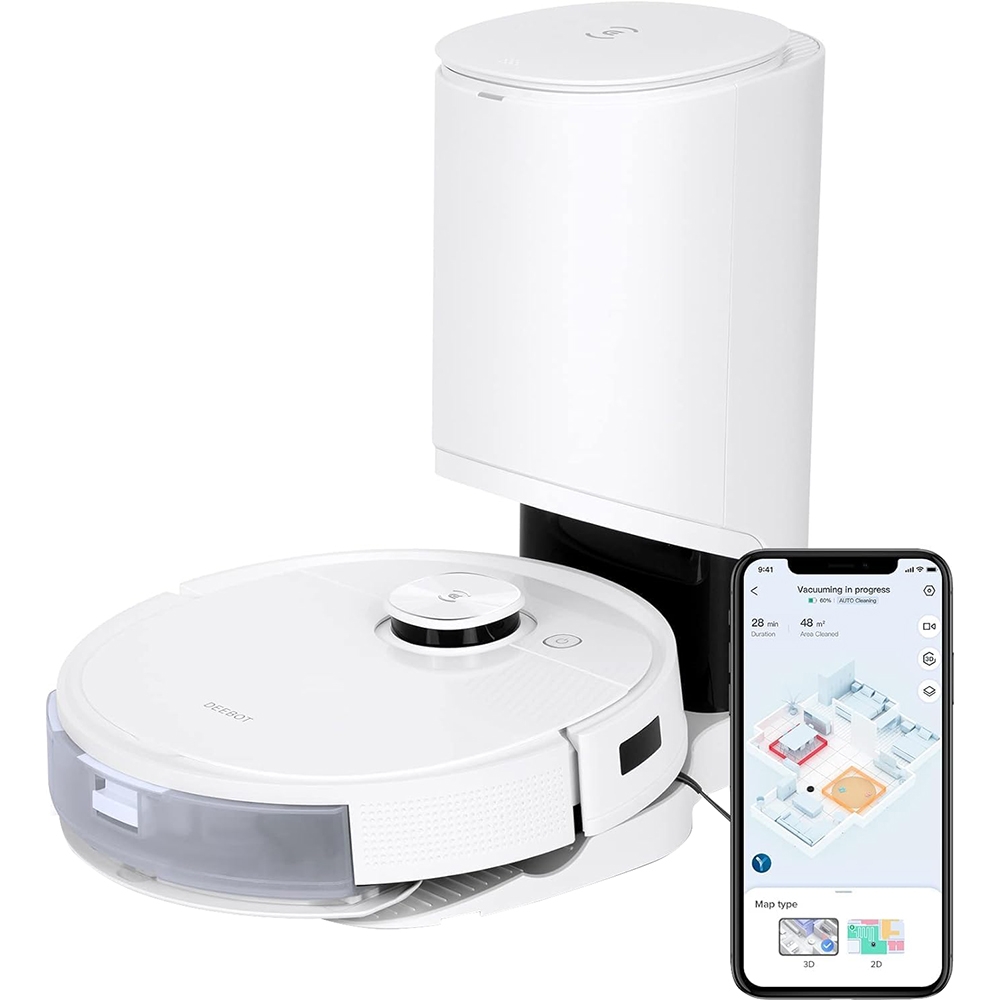 A robot vacuum cleaner with a docking station and a smartphone showing a cleaning map on its screen.