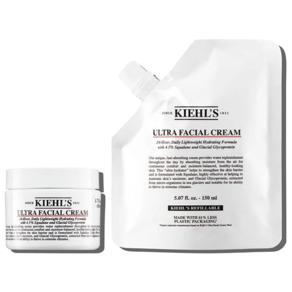 Kiehl's Ultra Facial Cream is shown in a jar and a refillable pouch, offering a 24-hour lightweight hydrating formula with 4.5% squalane and glacial glycoprotein. The pouch reduces plastic packaging by 61%.