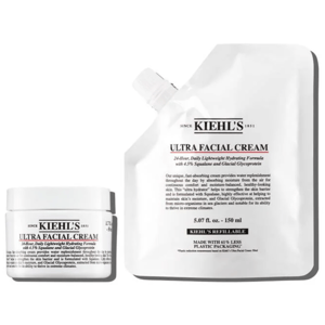 Kiehl's Ultra Facial Cream is shown in a jar and a refillable pouch, offering a 24-hour lightweight hydrating formula with 4.5% squalane and glacial glycoprotein. The pouch reduces plastic packaging by 61%.