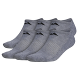 A set of five pairs of gray no-show socks with a black logo near the cuff.