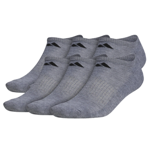 A set of five pairs of gray no-show socks with a black logo near the cuff.