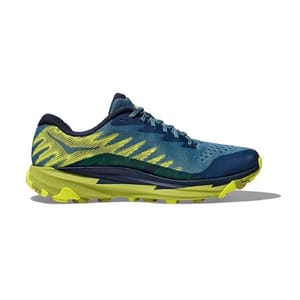 Hoka Torrent 3 shoes feature a blue and lime design with a breathable mesh upper and a rugged outsole, ideal for trail running. They offer a lightweight feel with cushioning for comfort and stability.
