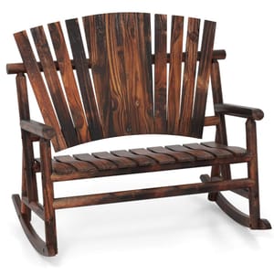 A wooden Adirondack rocking patio bench with a dark stained finish, featuring a slatted back and seat with curved rockers and armrests.
