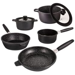Five-piece cookware set with non-stick pots and pans including two frying pans, a saucepan, and a stockpot, some with glass lids. Black with speckled interior finish.