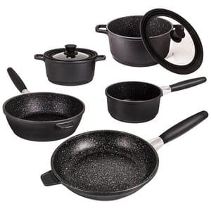 Five-piece cookware set with non-stick pots and pans including two frying pans, a saucepan, and a stockpot, some with glass lids. Black with speckled interior finish.